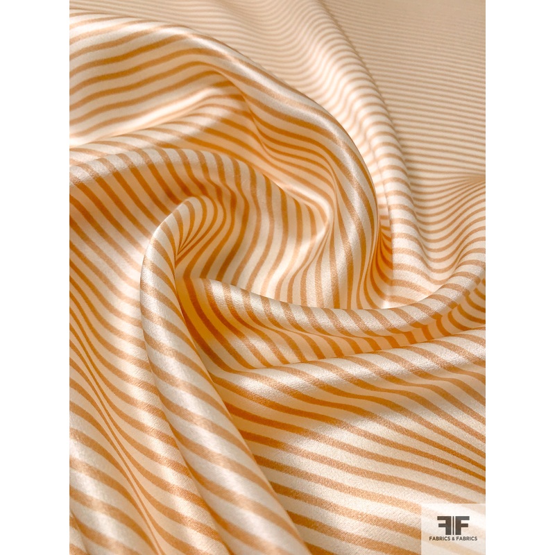 Horizontal Thin Stripe Printed Silk Charmeuse – Tan / Ivory Fabric by the Yard
