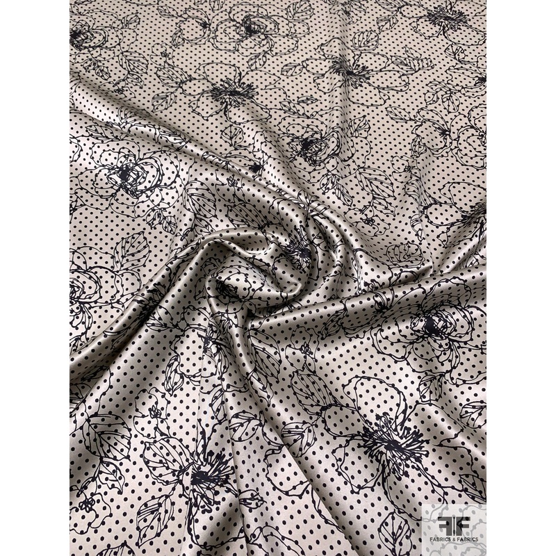 Floral Sketch and Dotted Printed Stretch Silk Charmeuse – Taupe-Grey / Black Fabric by the Yard