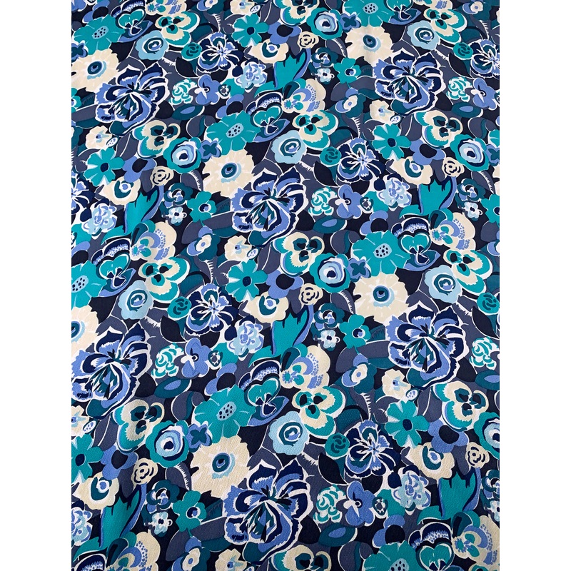 Floral Printed Hammered Silk Charmeuse – Blues / Turquoise / Beige / White Fabric by the Yard