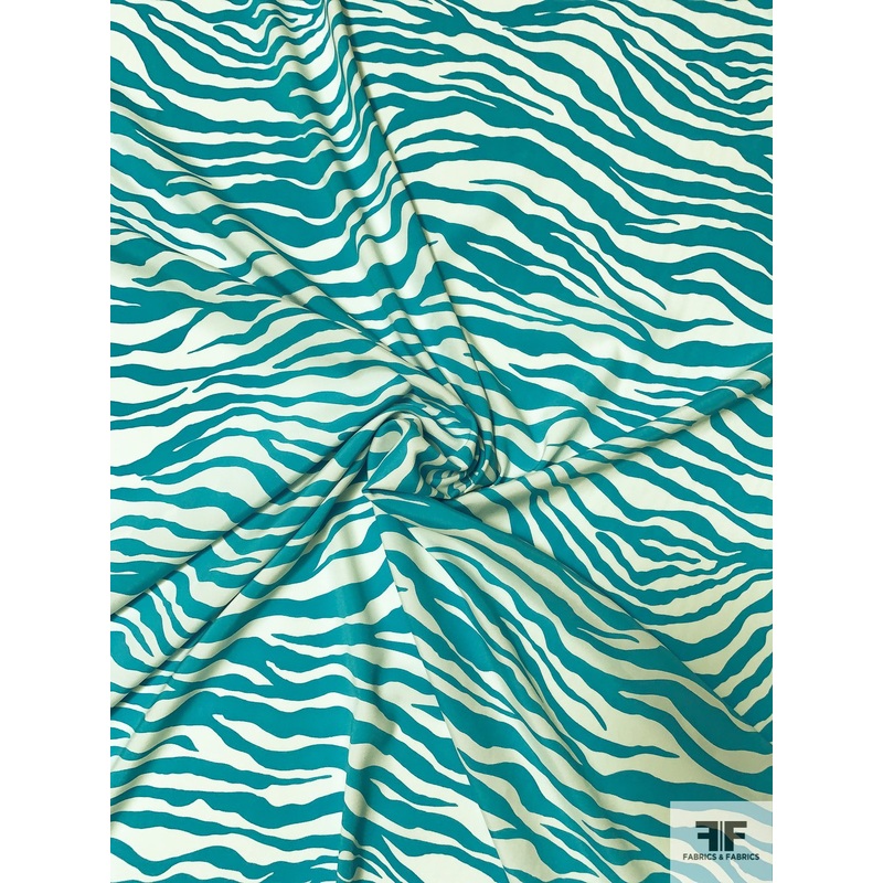 Tiger Matte-Printed Stretch Silk Charmeuse – Turquoise / Lightest Aqua Fabric by the Yard