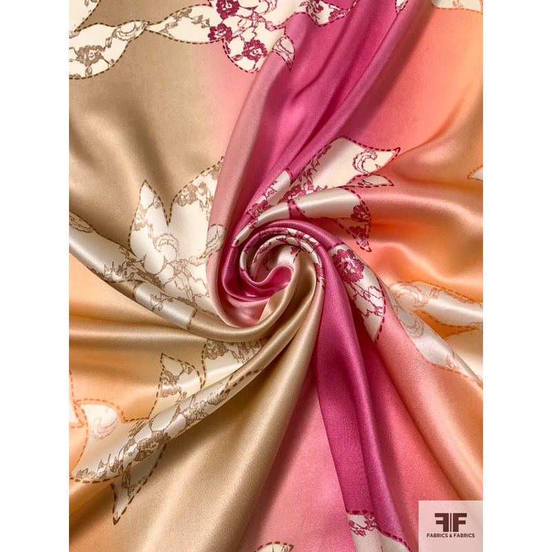 Sunset Leaf Graphic Printed Silk Charmeuse – Orange-Peach / Pink / Tan Fabric by the Yard