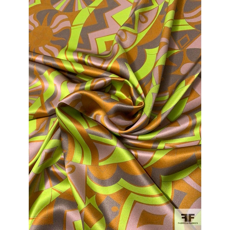 Ethnic Geometric Printed Silk Charmeuse – Lime Green / Caramel / Greys Fabric by the Yard