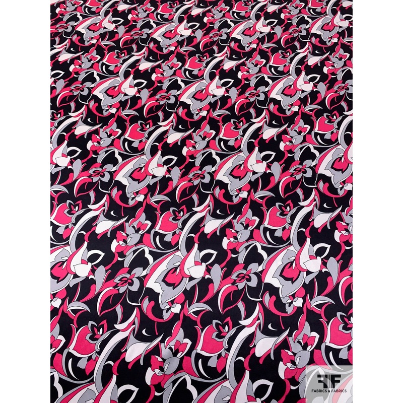 Exotic Floral Printed Silk Charmeuse – Berry Pink / Black / White / Grey Fabric by the Yard