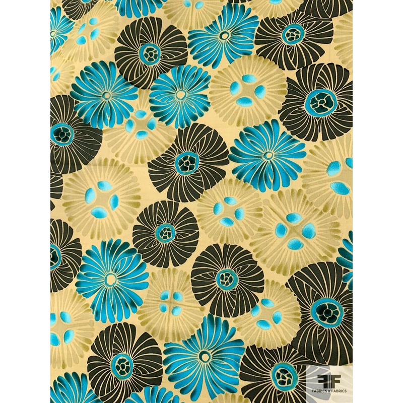 Art Deco Floral Printed Stretch Cotton Sateen – Turquoise / Hunter Green / Ecru Fabric by the Yard