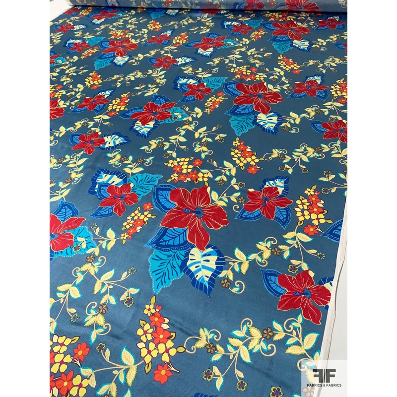 Exotic Floral Printed Silk Charmeuse – Shades of Blue / Red / Yellow / Orange Fabric by the Yard
