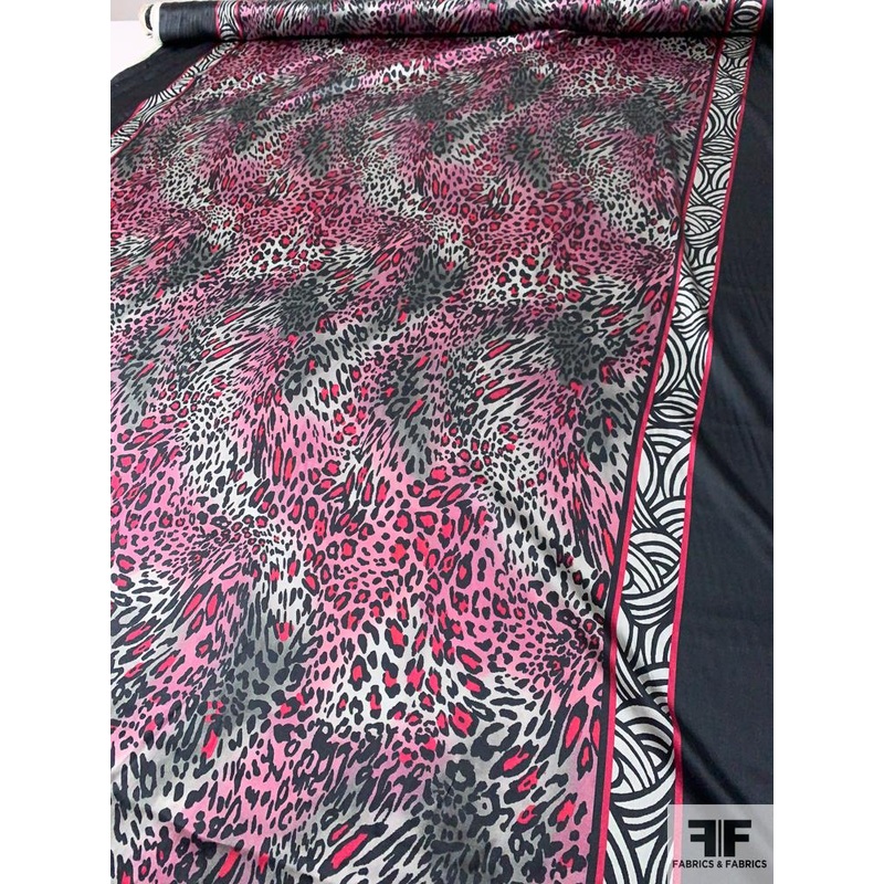 Double-Border Leopard Printed Stretch Silk Charmeuse – Berry / Mauve / Greys / Black Fabric by the Yard