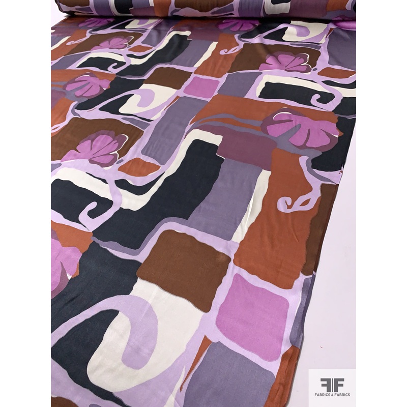 Softened Geometric Matte-Side Printed Silk Charmeuse – Dusty Purples / Black / Browns Fabric by the Yard