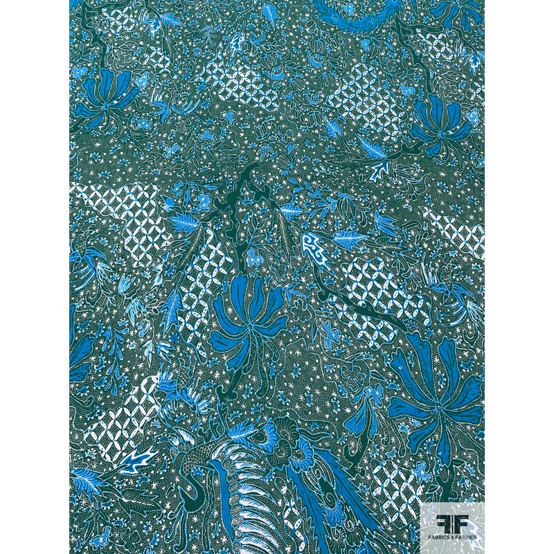 Exotic Collage Matte-Side Printed Silk Charmeuse – Dark Green / Turquoise / White Fabric by the Yard