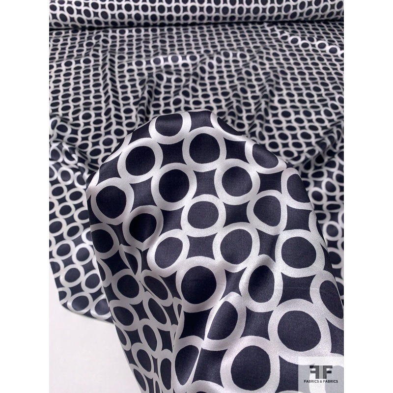 Circles Grid Printed Silk Charmeuse – Slate Dark Grey / White Fabric by the Yard