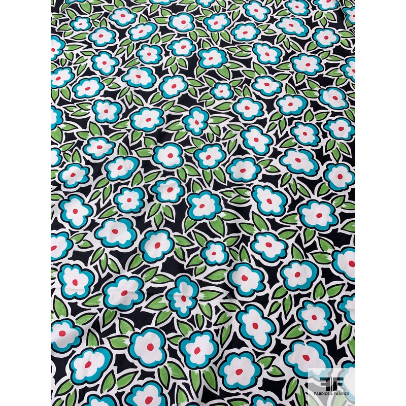 Made in Switzerland Playful Floral Printed Fine Cotton Sateen – Aquamarine / Lime Green / Black / Coral / White Fabric by the Yard