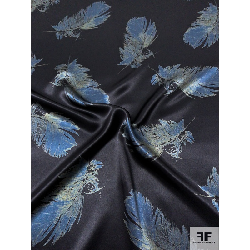 Floating Feathers Sketch Printed Silk Charmeuse – Dusty Navy / Sage / Black Fabric by the Yard