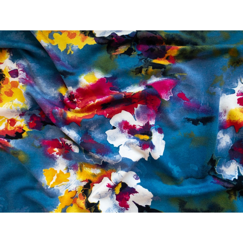 Darcy Rayon/Spandex Jersey – Watercolor Floral – Blue