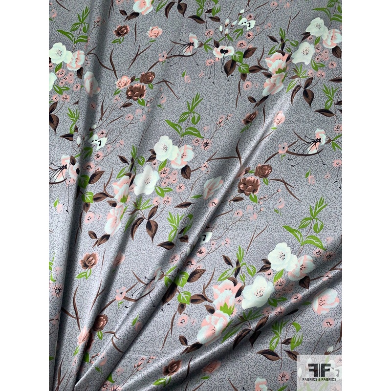 Elegant Floral Printed Silk Charmeuse – Sage-Grey / Green / Brown / Blushy Pink Fabric by the Yard