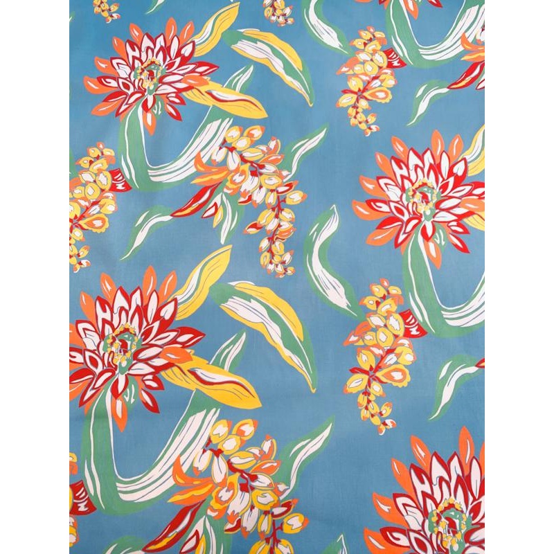 Tropical Floral Printed Stretch Cotton Sateen – Blue / Green / Red / Orange / White Fabric by the Yard
