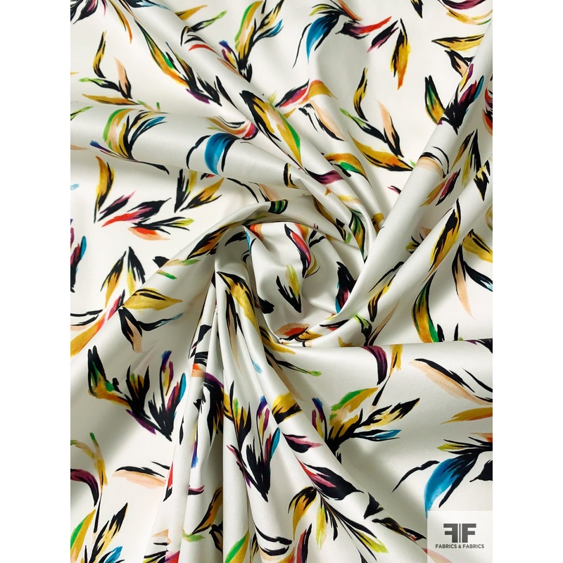 Feathery Abstract Birds Printed Stretch Cotton Sateen – Multicolor / Off-White Fabric by the Yard