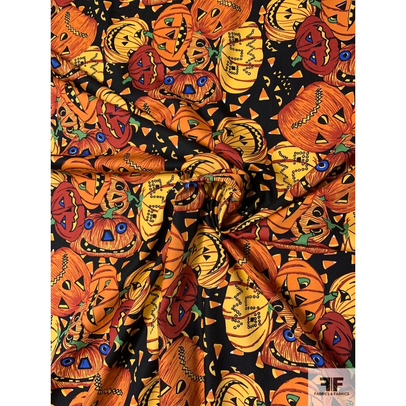 Jack-o-Lantern and Candy Corn Printed Stretch Cotton Sateen – Orange / Yellow / Burnt Red / Black Fabric by the Yard