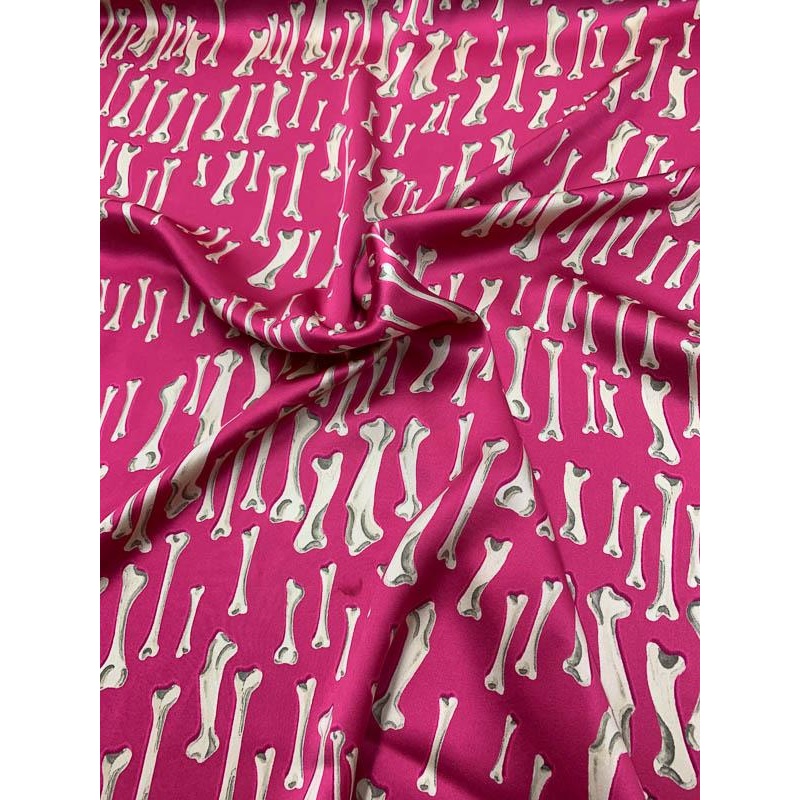 Dog Bone Conversational Printed Silk Charmeuse – Magenta / Beige Fabric by the Yard