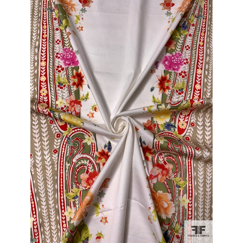 Double Trailing Floral Vines Printed Stretch Cotton Sateen – Multicolor / White Fabric by the Yard