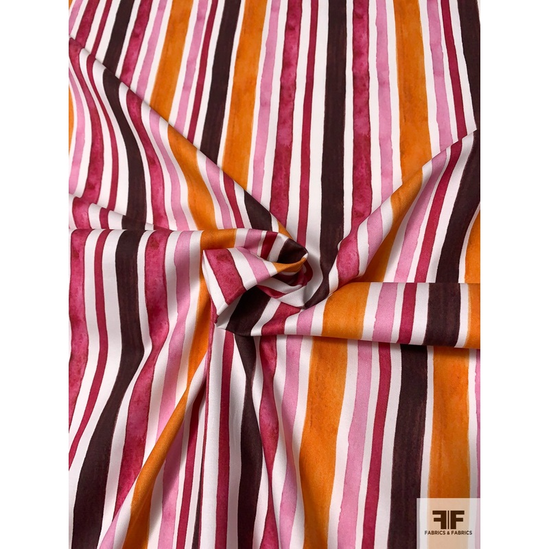 Italian Painterly Watercolor Vertical Striped Printed Stretch Cotton Sateen – Orange / Berry / Pink / Brown / Off-White Fabric by the Yard