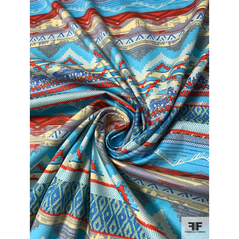 Ethnic Boho Linear Design Printed Stretch Cotton Sateen – Shades of Blue / Hot Orange / Butter Yellow / Grey Fabric by the Yard