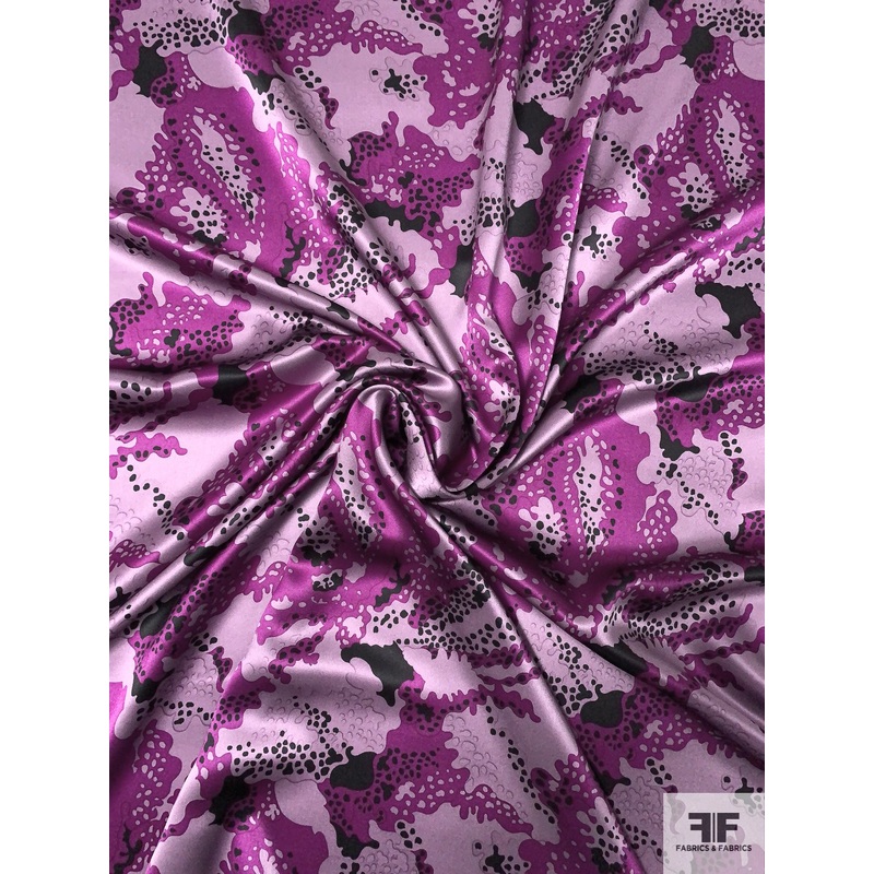 Abstract Metamorphic Printed Silk Charmeuse – Shades of Purple / Black Fabric by the Yard