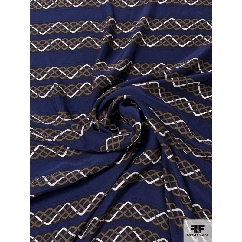 Strand Striped Matte-Side Printed Silk Charmeuse – Navy / Black / Taupe / Off-White Fabric by the Yard