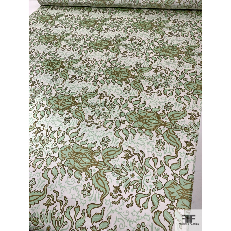 Damask Vase Printed Silk Charmeuse – Seafoam Green / Dark Gold / Off-White Fabric by the Yard