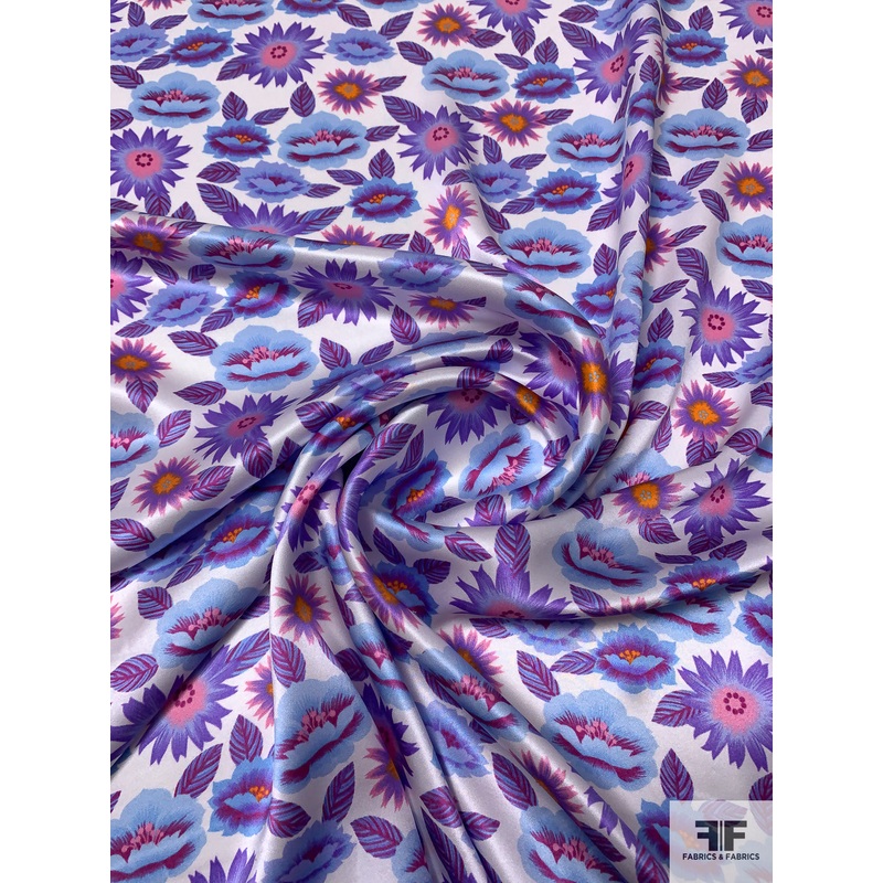 Floral and Leaf Printed Silk Charmeuse – Violet / Sky Blue / Pink / Orange Fabric by the Yard