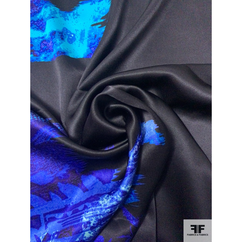 Abstract Border Pattern Printed Stretch Silk Charmeuse – Black / Indigo / Turquoise Fabric by the Yard