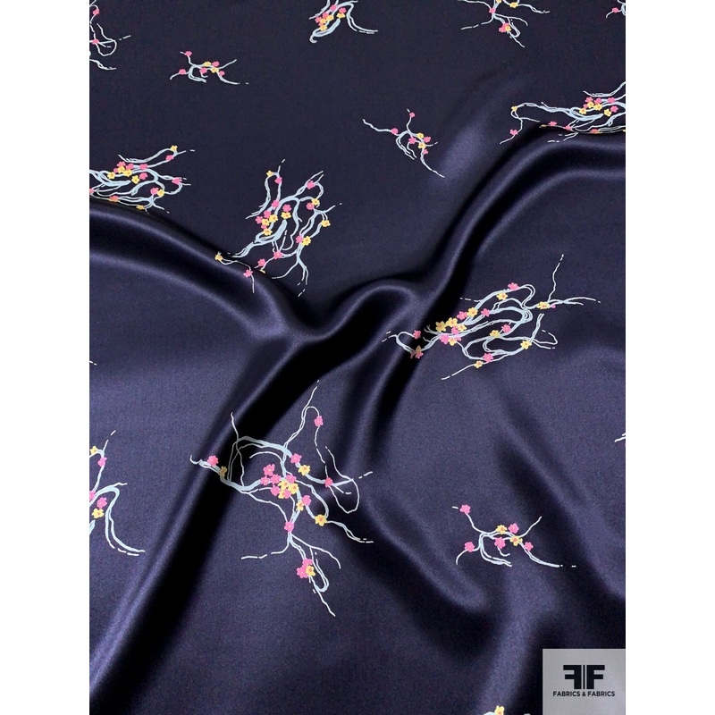 Delicate Floral Tentacles Printed Silk Charmeuse – Navy / Pink / Yellow / Sky Blue Fabric by the Yard