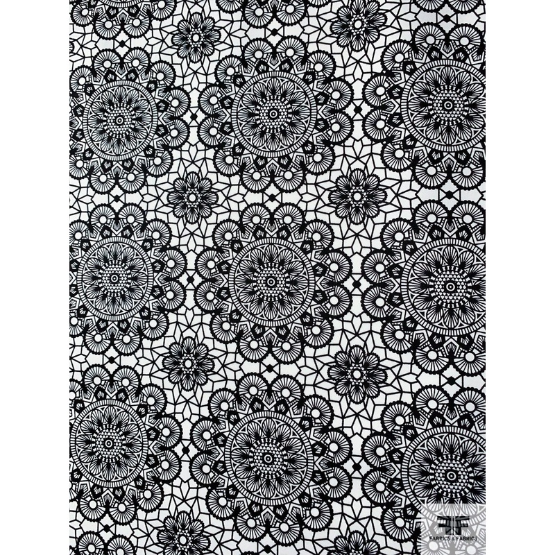 Kaleidoscope Floral Grid Printed Stretch Cotton Sateen – Black / Off-White Fabric by the Yard