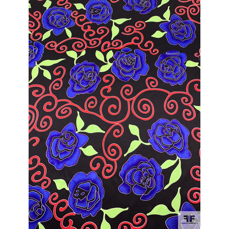 Floral and Swirl Vine Printed Silk Charmeuse – Dark Periwinkle / Lime Green / Red / Black Fabric by the Yard