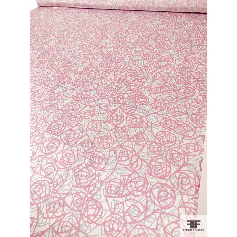 Scribbly Floral Printed Silk Charmeuse – Pink / Periwinkle / Ivory Fabric by the Yard