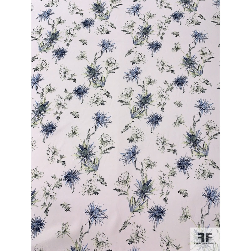 Delicate Floral Matte-Side Printed Silk Charmeuse – Soft Blues / Soft Greens / Off-White Fabric by the Yard
