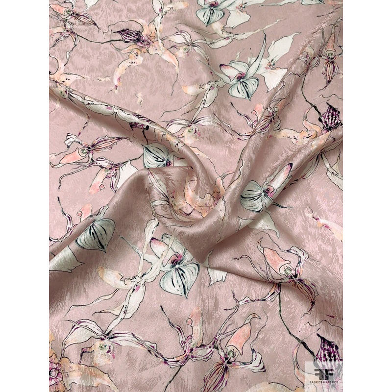 Trailing Floral Vine Printed Jacquard Silk Charmeuse – Pale Dusty Pink / White / Violet Fabric by the Yard