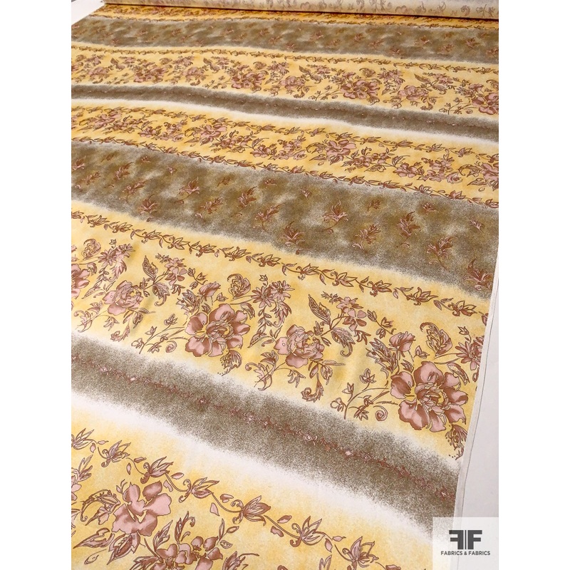 Antique Floral Linear Printed Silk Charmeuse – Yellow / Mauve / Brushed Gold Fabric by the Yard