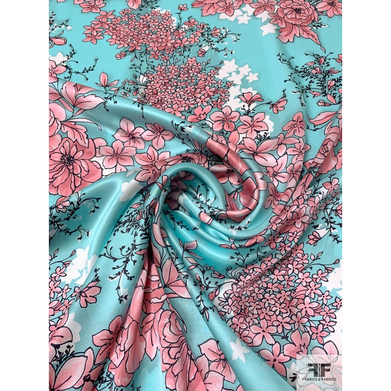 Trailing Floral Printed Silk Charmeuse – Aqua / Pink / Black Fabric by the Yard