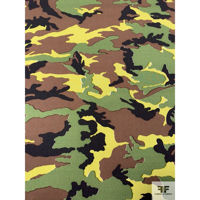 Camouflage Printed Stretch Silk Charmeuse – Dark Green / Lime / Brown / Black Fabric by the Yard