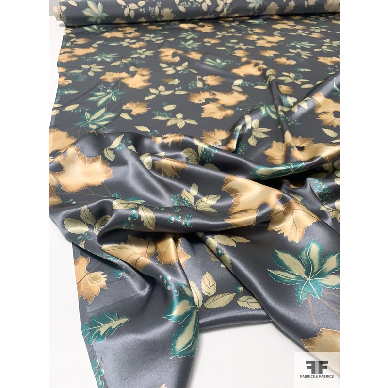 An Icy Autumn Printed Silk Charmeuse – Grey / Tan / Teal Fabric by the Yard