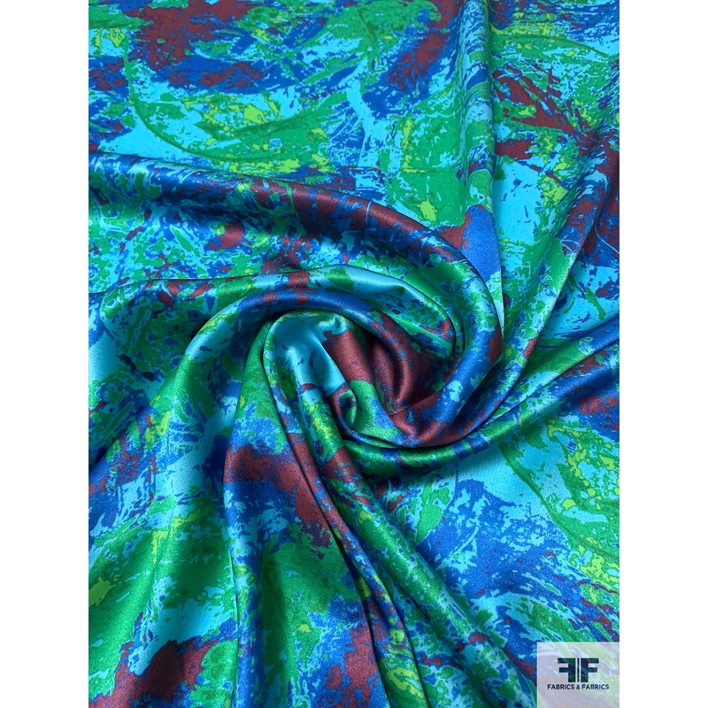 Abstract Printed Silk Charmeuse – Blues / Greens / Burgundy Fabric by the Yard