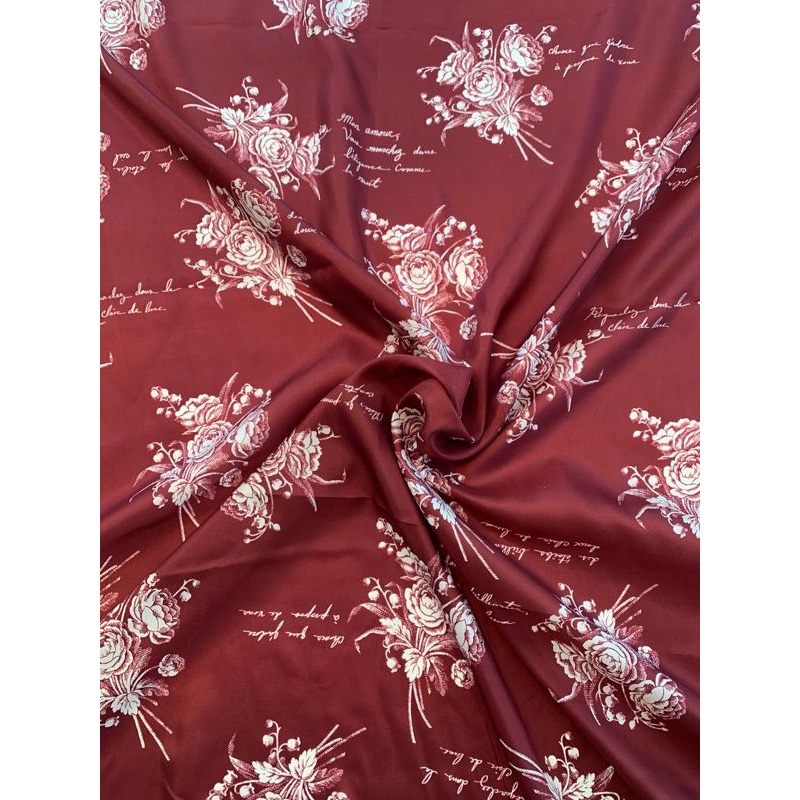 Floral Bouquets and Love Notes in French Printed Silk Habotai – Maroon / Off-White Fabric by the Yard