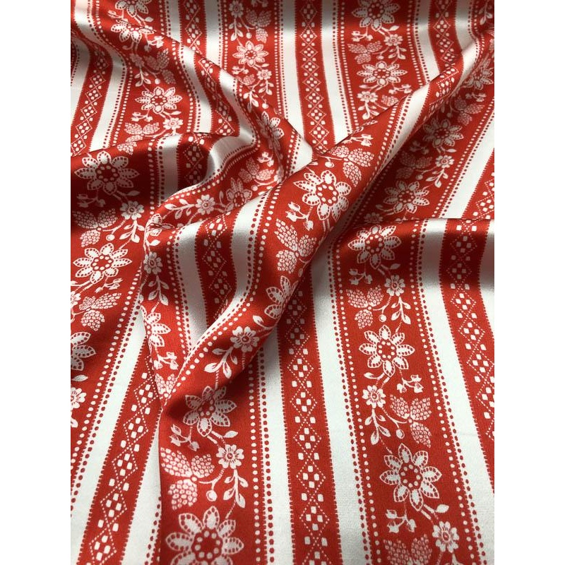 Striped Floral Silk Charmeuse – Red And Off White Fabric by the Yard