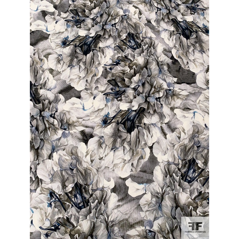 Evocative Floral Matte-Side Printed Silk Charmeuse – Shades of Grey / Blue Fabric by the Yard