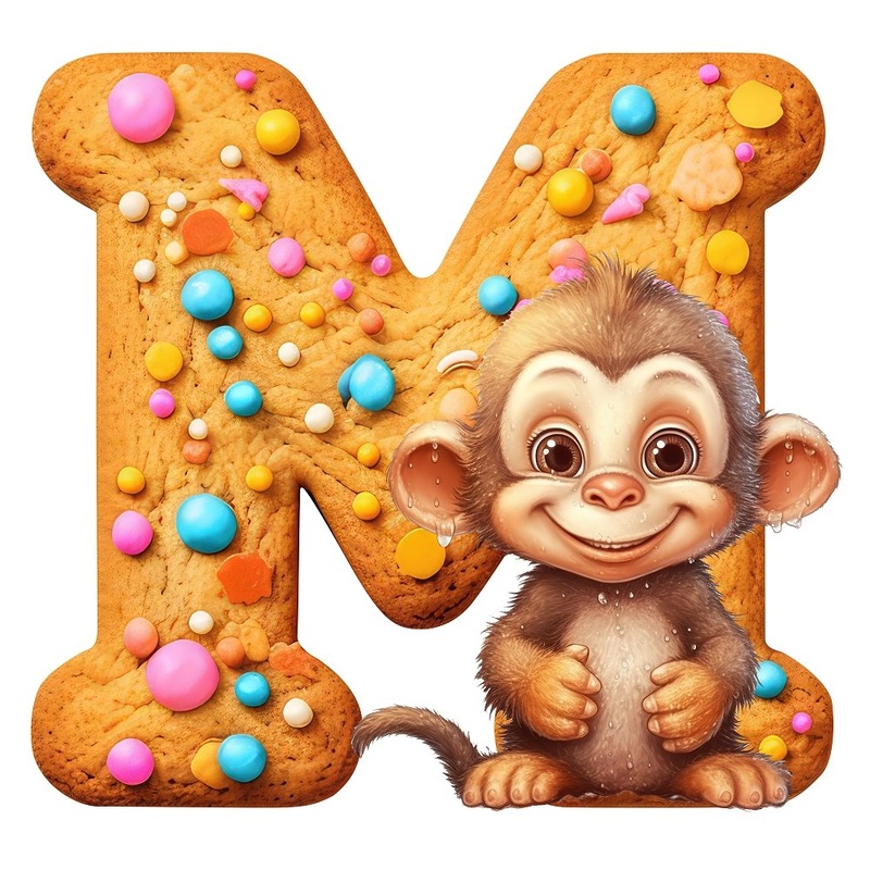 “M” Monkey Cookie Fabric Panel Quilting Cotton 4.5 Inches by 4.5 Inches